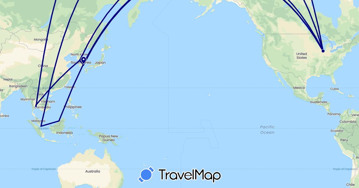 TravelMap itinerary: driving in Brunei, South Korea, Singapore, Thailand, United States (Asia, North America)