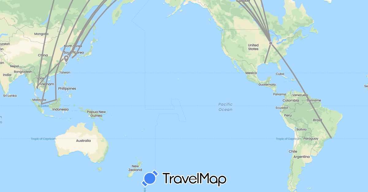 TravelMap itinerary: driving, plane in Brunei, Brazil, China, South Korea, Singapore, Thailand, United States (Asia, North America, South America)